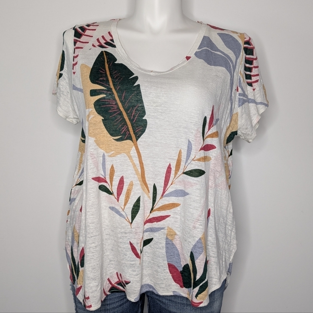 Cynthia Rowley White Green Red Foliage Leaf Linen Short Sleeve T-shirt 1X